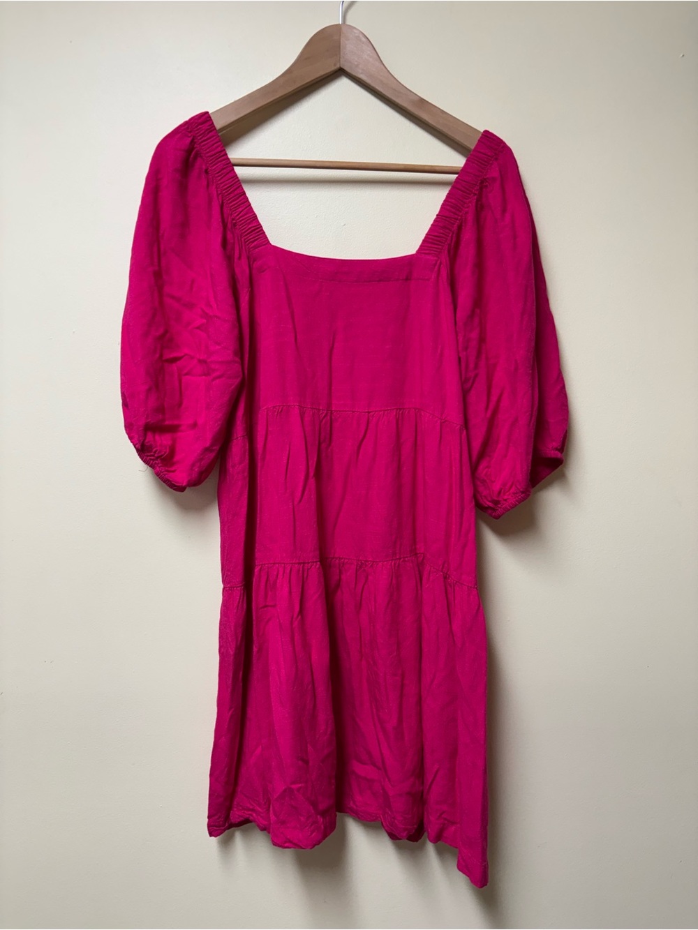 Beyond Words Puff Sleeve Hot Pink Fuschia Boho Tiered Mini Dress - Medium
